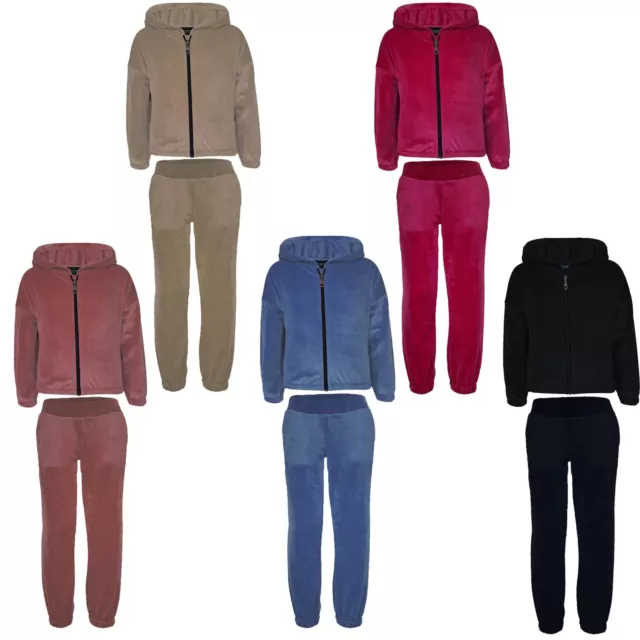 Girls Velour Hoodie Joggers Set Kids Tracksuit 2 Pcs Outfit Top Bottoms 3-14 Y