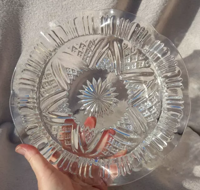 Vintage Cut Glass Shallow Fruit Bowl/Serving Dish-Scalloped Edge. 10 Inch Dia.