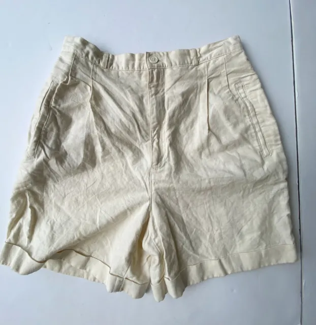 Vintage Happy Legs Dress Shorts Sz 9 Linen Cotton Pale Yellow Pleated Button Zip