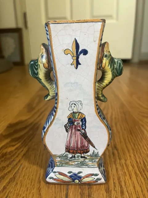 Early Unmarked  Antique French Faience Pottery  Hand Painted Vase