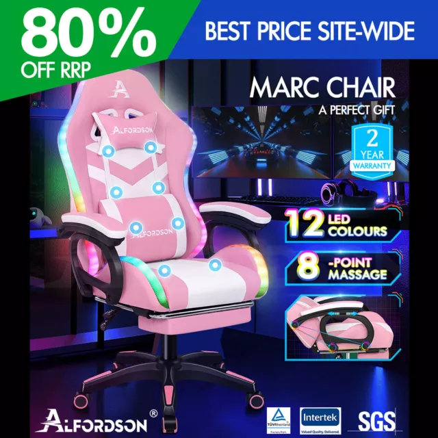 ALFORDSON Silla Gaming con Masaje y LED 12 Colores Silla Oficina Rosa y Blanco