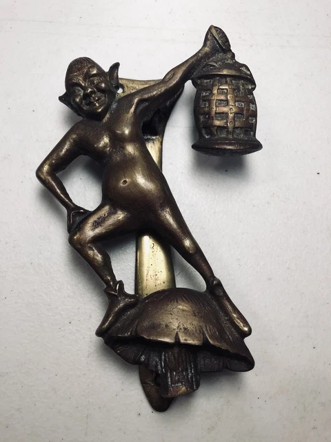Antique Unusual Goblin gargoyle Troll & Toadstool  brass door knocker Halloween