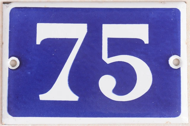 Old blue French house number 75 enamel steel door wall gate plate plaque - pick