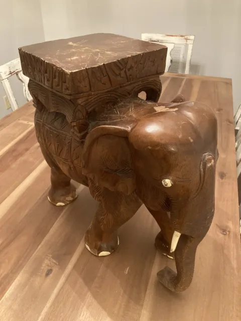 Elephant Hand Carved Wooden Pedestal/ Plant Stand 1920s Antique Vintage 19”tall