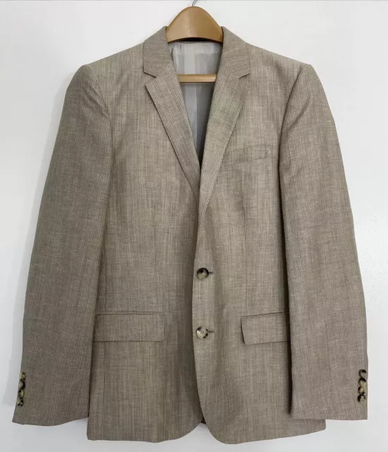 Hugo Boss 36R Linen Blazer Seersucker Beige Sports Coat Brown Suit Jacket Italy