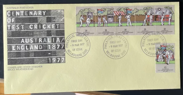 1977 Australian FDC (1), Centenary of Test Cricket, full set of 6 stamps