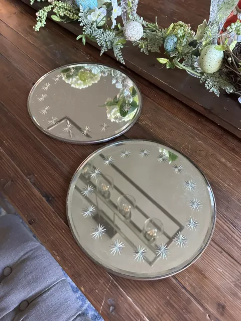 Pair Of Vtg Wall Mirror or Vanity Tray Beveled cut etched tin back 10” Diameter