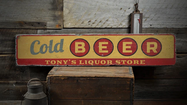 Cold Beer, Custom Bar Owner Name - Rustic Distressed Wood Sign