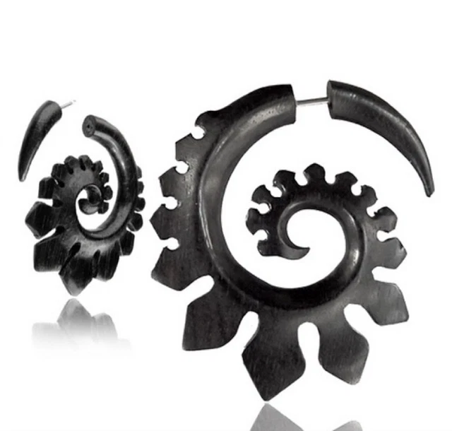 Pair Iron Wood Fake Cheater Plugs Carved Spirals Tribal 2" Inch Gauges Gauge