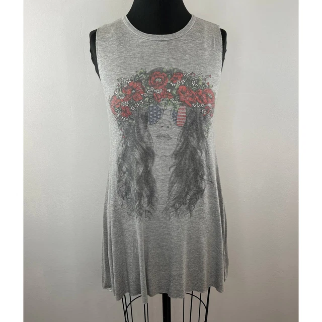 Lauren Moshi Gray Sleeveless Crewneck Flower Girl Flag Casual T-Shirt S Small