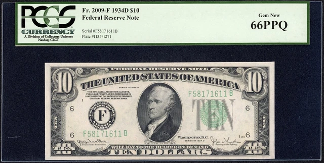 1934 D $10 Ten Dollar Atlanta Federal Reserve Note Fr#2009-F PCGS Gem New 66 PPQ