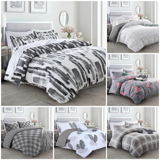 Juego de ropa de cama de edredón floral reversible gris doble talla King Reino Unido