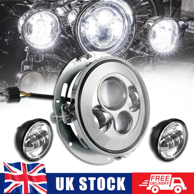 Silver Color 7 inch LED Headlight 2x 4.5 inch Fog Light Set for Harley Road King