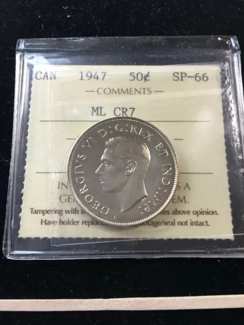 1947  ML Curved Right  ICCS Graded Canadian Silver ¢50 Cent, **SP-66** XHX 993