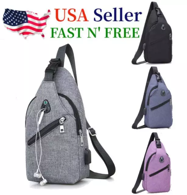 Mens Sling Chest Pack Nylon Shoulder Bag USB Charging Sports Crossbody Handbag