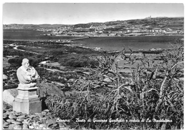 CARTOLINA DI CAPRERA ,BUSTO DI G. GARIBALDI E LA MADDALENA -MUSEO viaggiata 1961