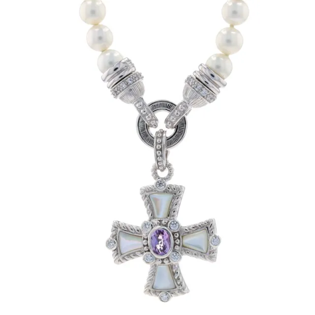 Judith Ripka Pearl Amethyst CZ Maltese Cross Necklace 18" Sterling 925 Faith