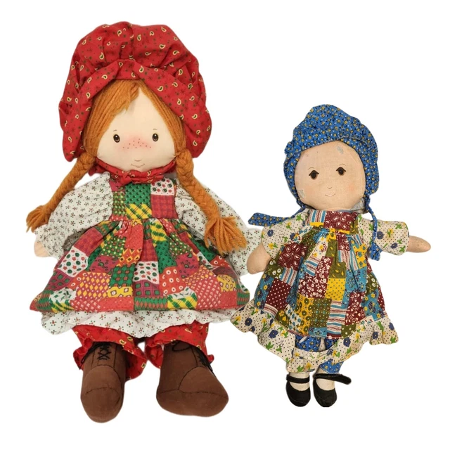 2 Vtg Holly Hobbie Cloth Rag Dolls AmToy & Knickerbocker Lot Patchwork Soft Body