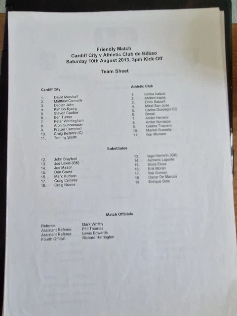 13/14 Cardiff City Vs Athletic Club De Bilbao Team Sheet