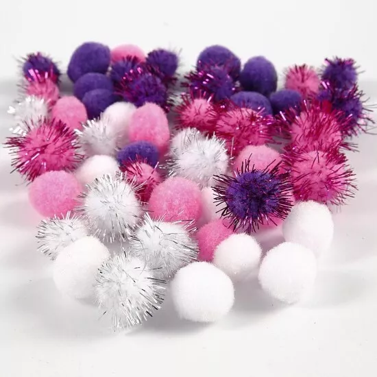 48 Glitter Tinsel Pom Poms 15mm Pink Purple and White Assorted Sizes 15 to 20mm