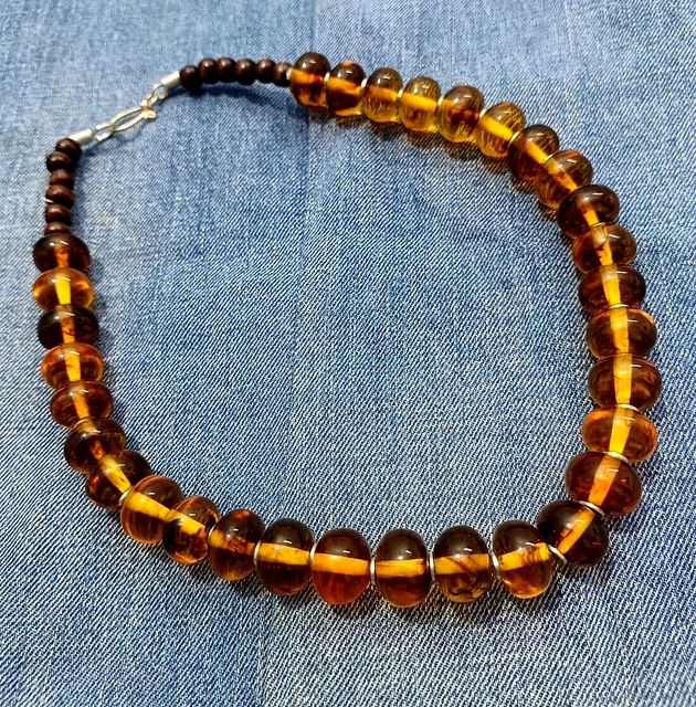 Banjara Tibetan Ethnic Resin Beads Necklace - Amber Look Tribal Long Bold Strand - Handmade In India