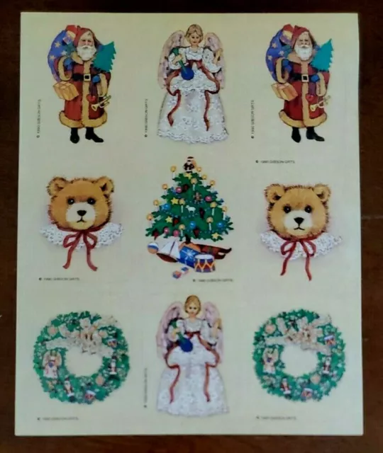 Vintage Gibson Greetings Christmas Sticker sheet, Santa, Angel, Wreath