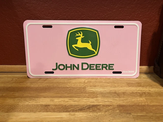 Pink and green John Deere aluminum auto truck license plate