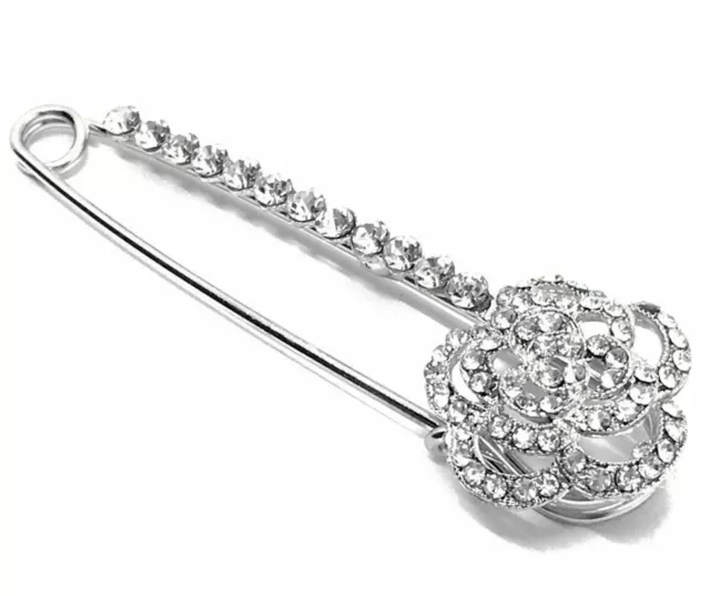 Brosche Anstecknadel Schalnadel mit Strass 8cm Blume Silber