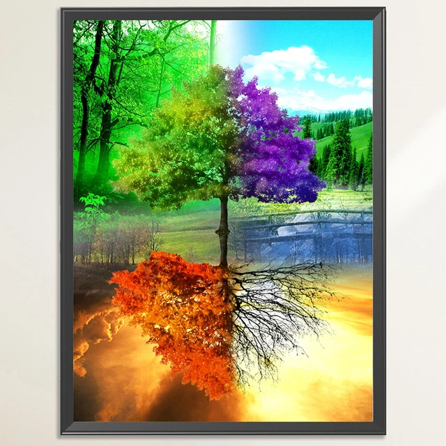 FULL EMBROIDERY 11CT Stamped Four Seasons Tree DIY Needlework Sets Home ...