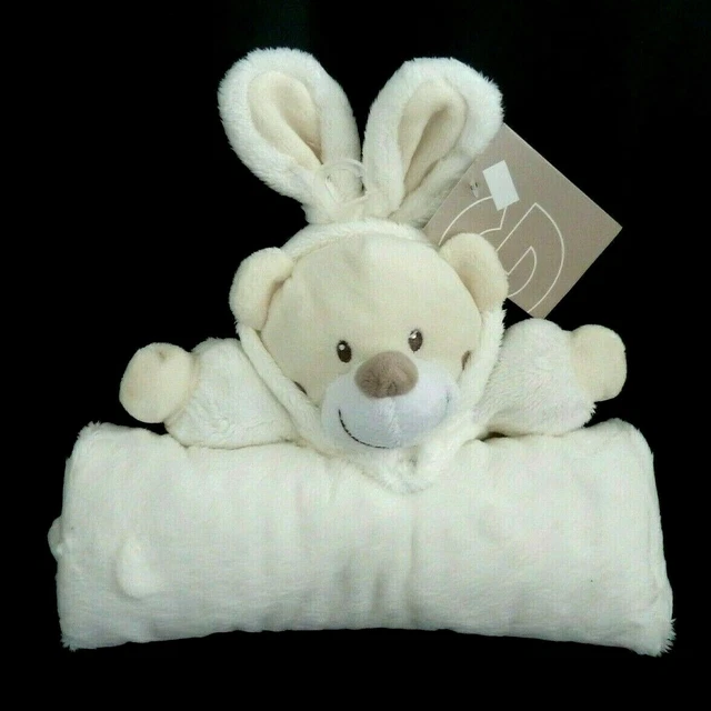 *. Doudou Plat Simba Ours Couverture Polaire Capuche Oreille Lapin Blanc Neuf