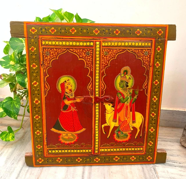 WOODEN WINDOW HINDU Gods Painted Radha Krishna Wall Hanging Jharokha
