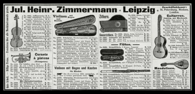 Alte Reklame Werbung 1903 Musikinstrumente Jul. Heinr. Zimmermann Leipzig