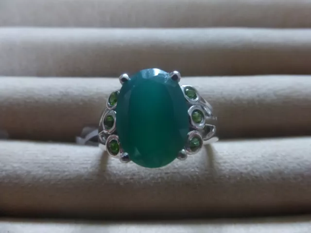 Stunning Large  Green Onyx & Russian Diopside Ring. Sterling Silver,  Size T.