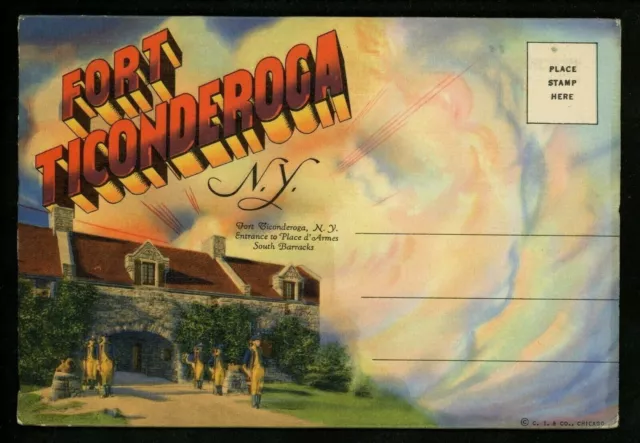 Postcard Folder New York NY Fort Ticonderoga Aerial View Linen Curt Teich