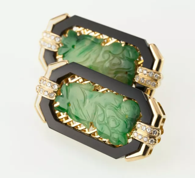 Impérial Jade Avec Onyx Bordure & Diamant Accents 18k Jaune Boucles D'Oreille Or 3