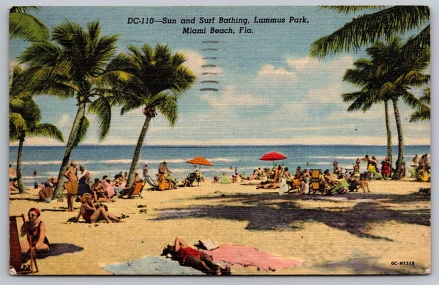 Miami Beach Florida Lummus Park Scenic Sun Bathing Linen Cancel WOB Postcard