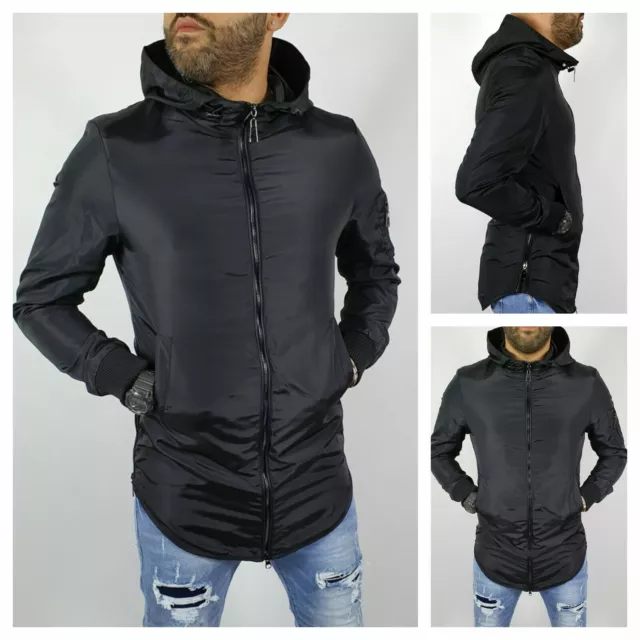 Giubbotto parka da uomo giubbino impermeabile lungo giacca slim nero Cappuccio