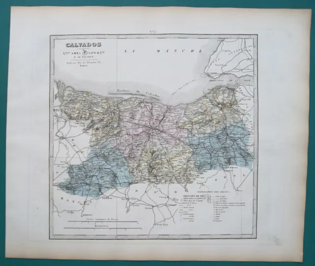FRANCE dept Calvados Caen Bayeux Lisieu - 1873 SUPERB Map 14 x 17"  36x43 cm