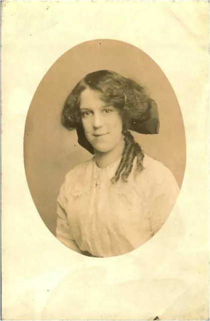 Young lady portrait RPPC postcard antique photograph adorable ringlets hair