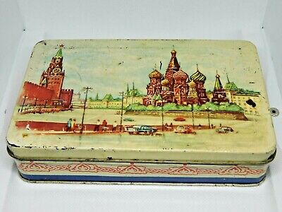 Very Old Soviet Empty Candy Tin Box - Red Square, Moscow, USSR, Russia, 1950s