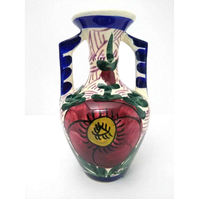 Vtg 2 Handle Hand Painted Pottery Floral Motif Vase Made In Spain