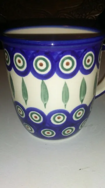 Pair of Polish Pottery Mugs - Peacock Feather Pattern - 12 oz