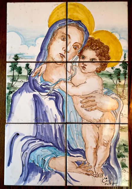 Hand Painted Italian majolica TILES Art MURAL~Mary/Jesus-Madonna & Child~12"X18"