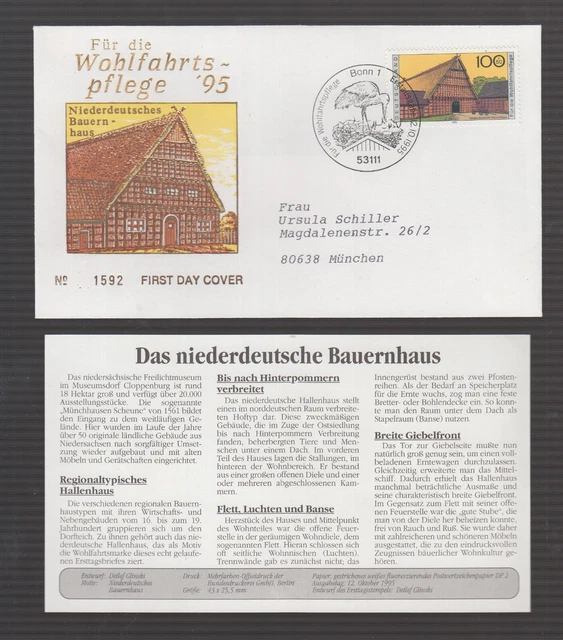 BRD 1995 FDC/Brief + Beschreibung - Wohlfahrt: Niederdeutsches Bauernhaus