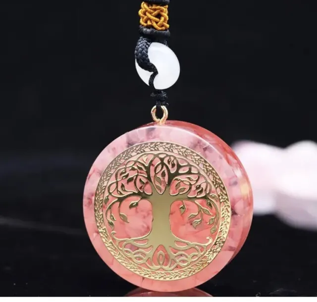 Tree Of Life Orgonite Pendant Necklace Pink Quartz Crystal Stone