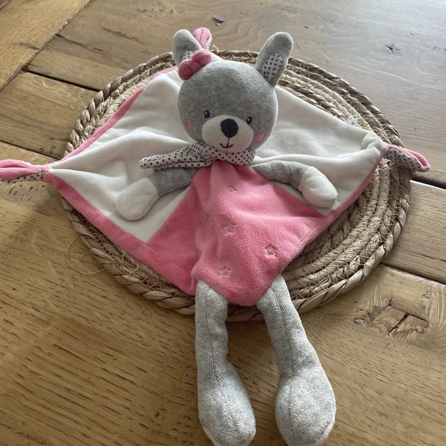 Doudou Plat Tex Baby Lapin Gris Rose Echarpe Pois MANQUE ETIQUETTE