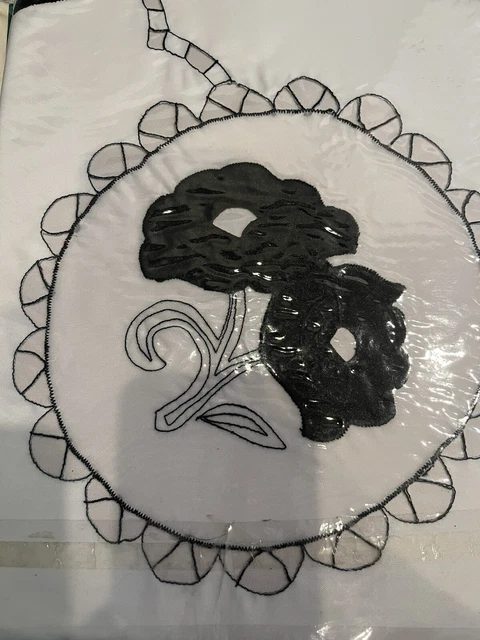 embroidered tablecloth 90 x 72 inches white Black applique polyester new in bag
