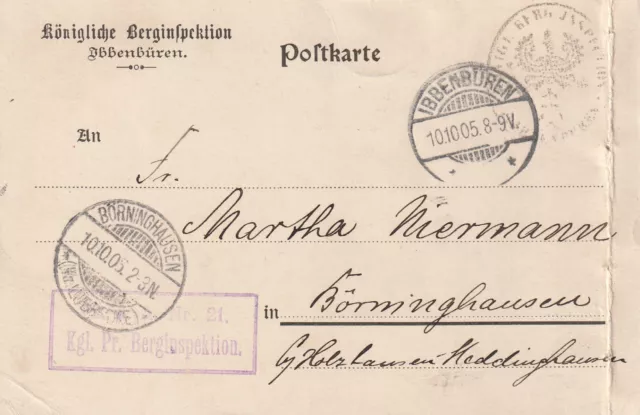 Ganzsache Bergbau 1905, an Kgl. Berginspektion Ibbenbüren