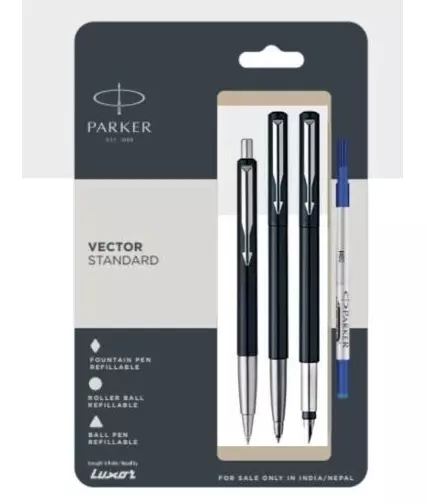 Parker Vector Standard Ball Pen + Roller Ball Pen + Fountain Pen Black Body