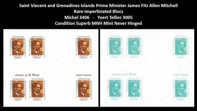 Saint Vincent Premier Ministre James Mitchell Rare Imperf Blocs MNH Michel 3406